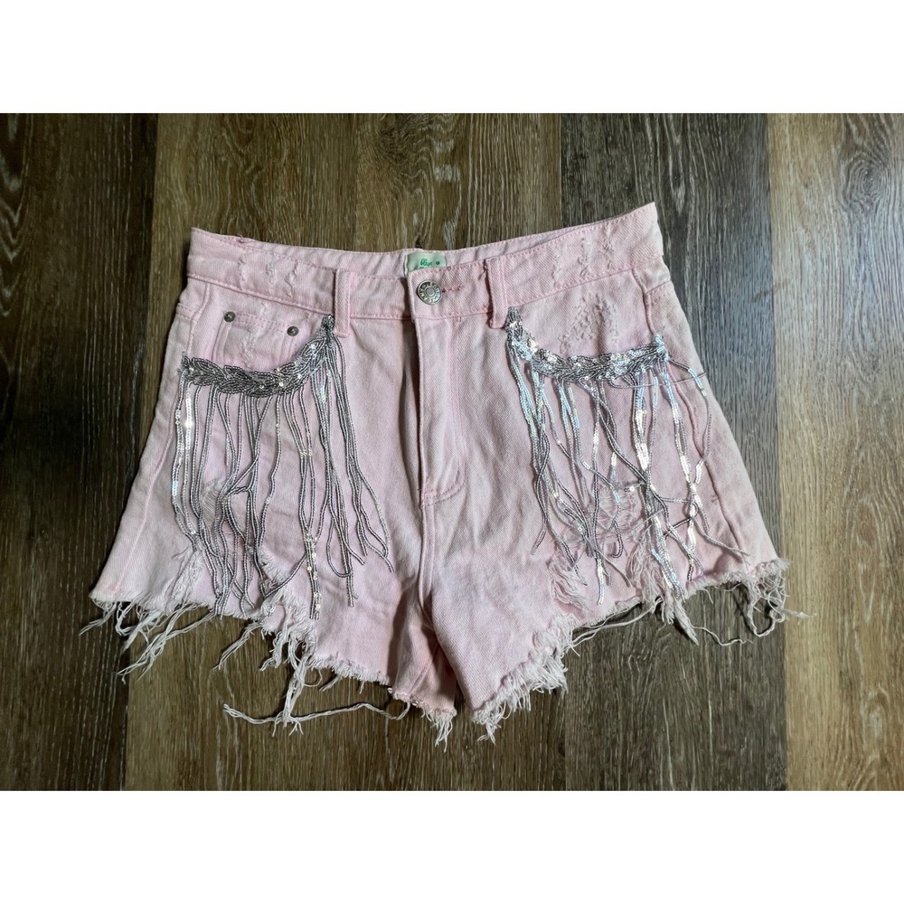 Blue Buttercup Sequin Fringe Denim Shorts Women Medium Pink Good Distressed High